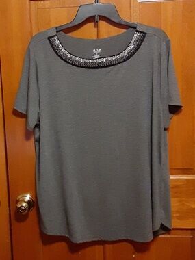a.n.a. Embellished Neckline Gray Top